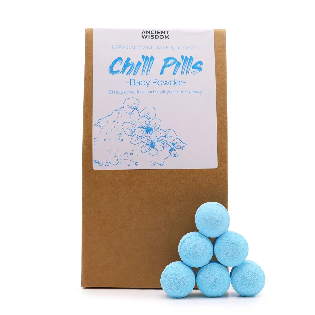 Chill Pills Gift Pack 350g with Baby Powder scent in colorful, branded packaging for relaxation and stress relief