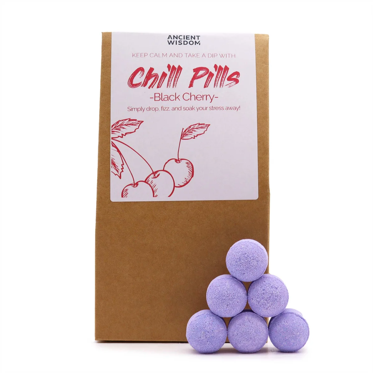 Chill Pills Gift Pack 350g open showing black cherry sweets inside clear packaging on white background