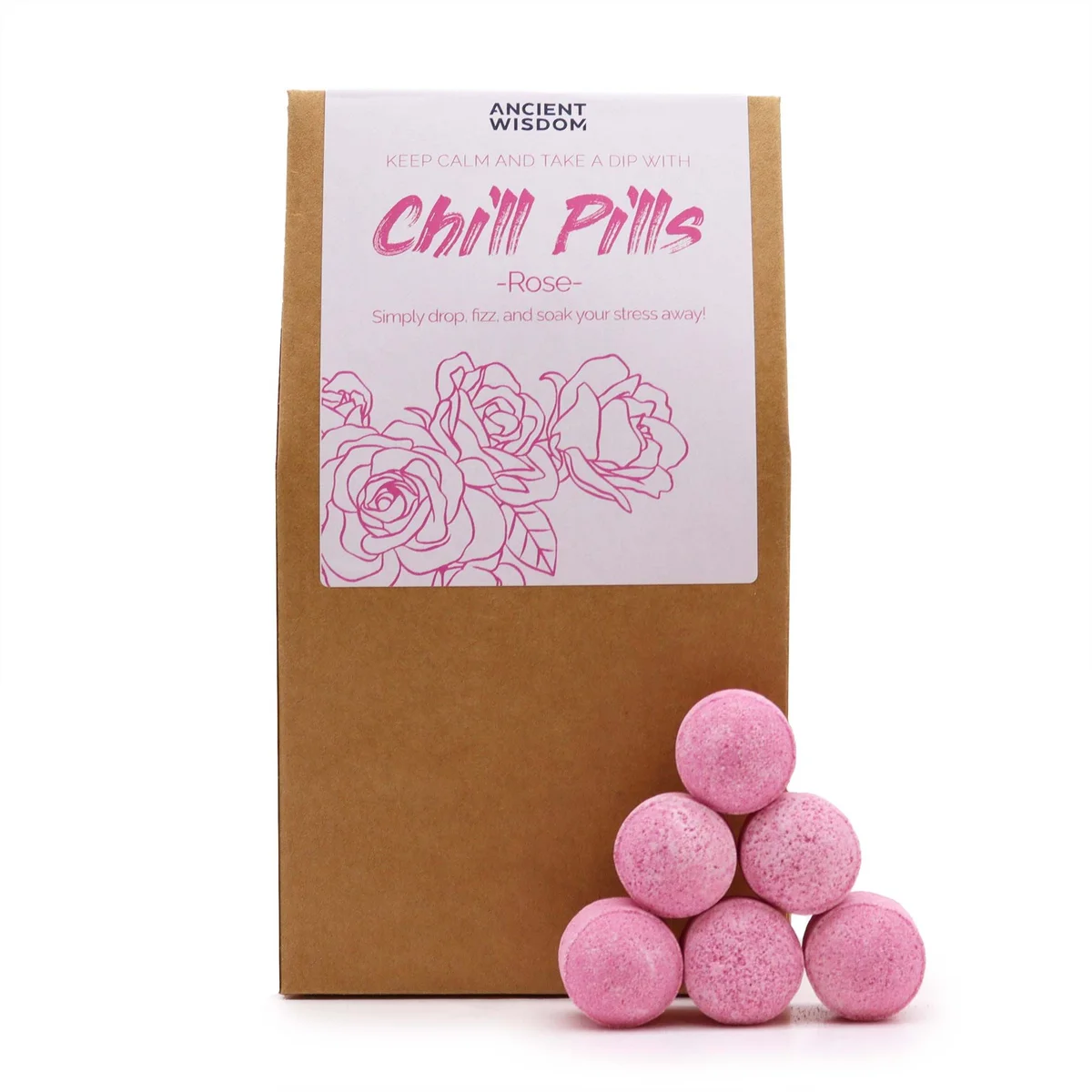 Chill Pills gift pack in rose‑coloured packaging.