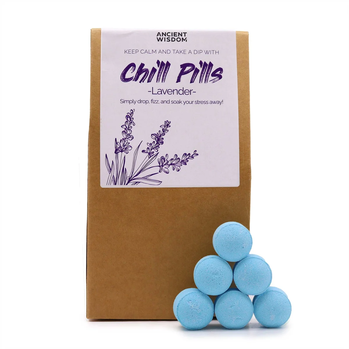 Chill Pills 350g lavender gift pack with purple and white packaging on a white background