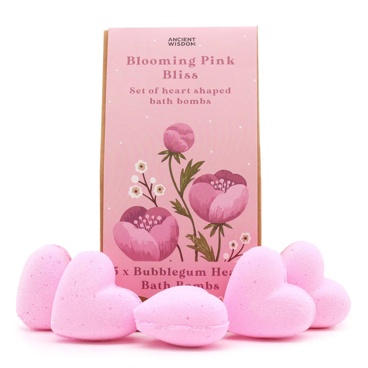 Blooming Pink Bliss bath heart gift set with pink and white bath hearts arranged on a white background
