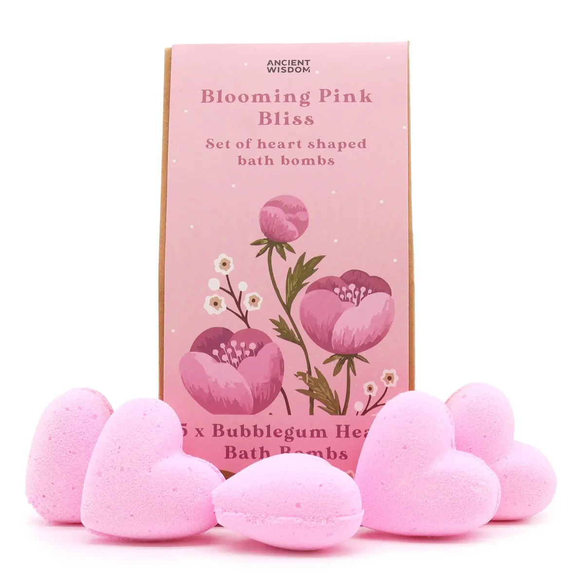 Pink bath gift set featuring a blooming pink bliss bath heart in decorative packaging