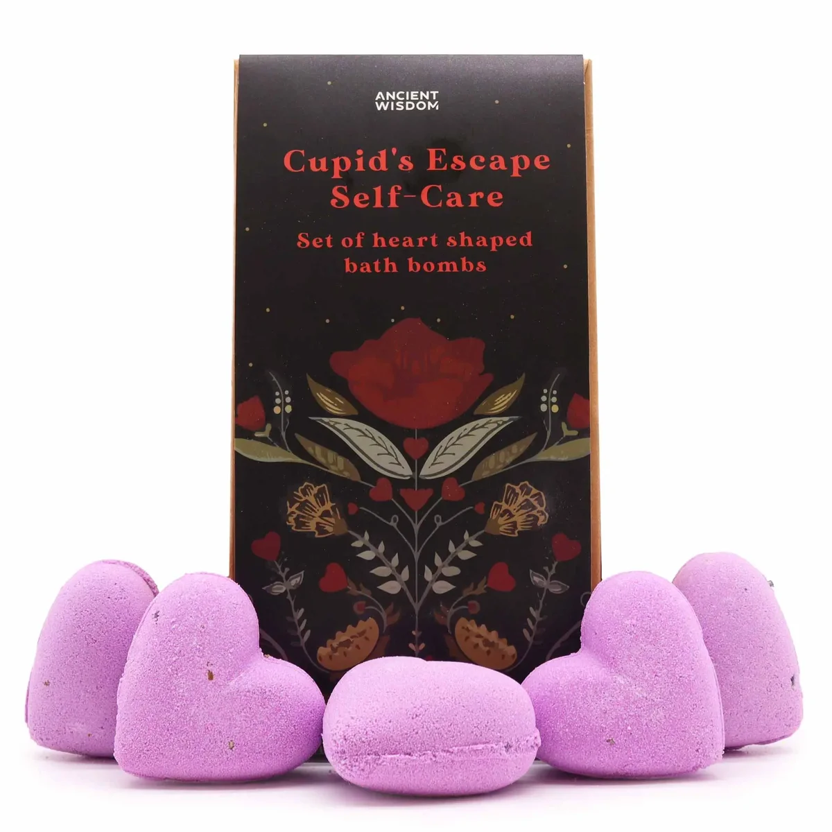 Cupids Escape bath heart gift set with heart-shaped bath bombs and self care items in pink packaging