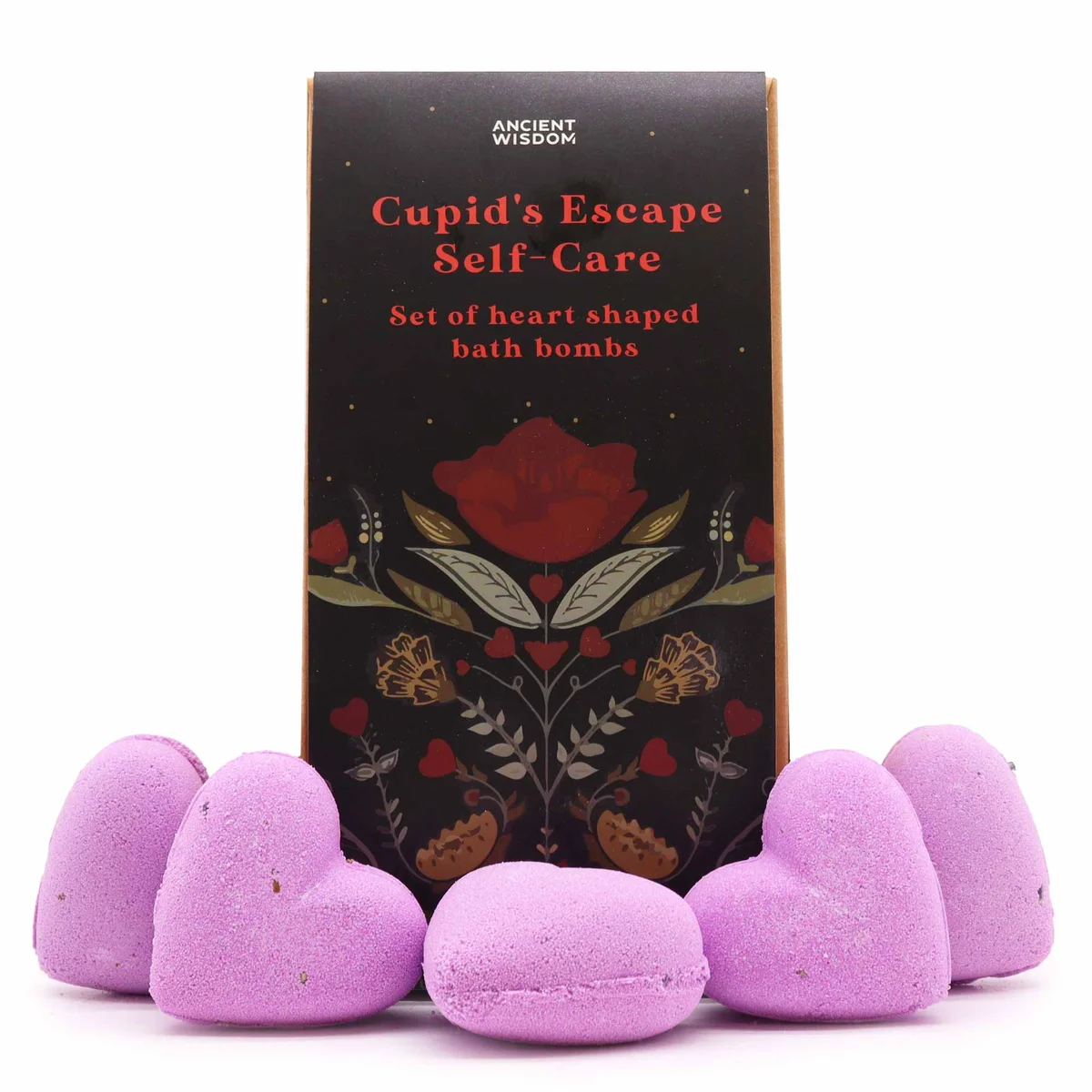Cupids Escape self care gift set featuring heart-shaped bath bombs in pink and white packaging