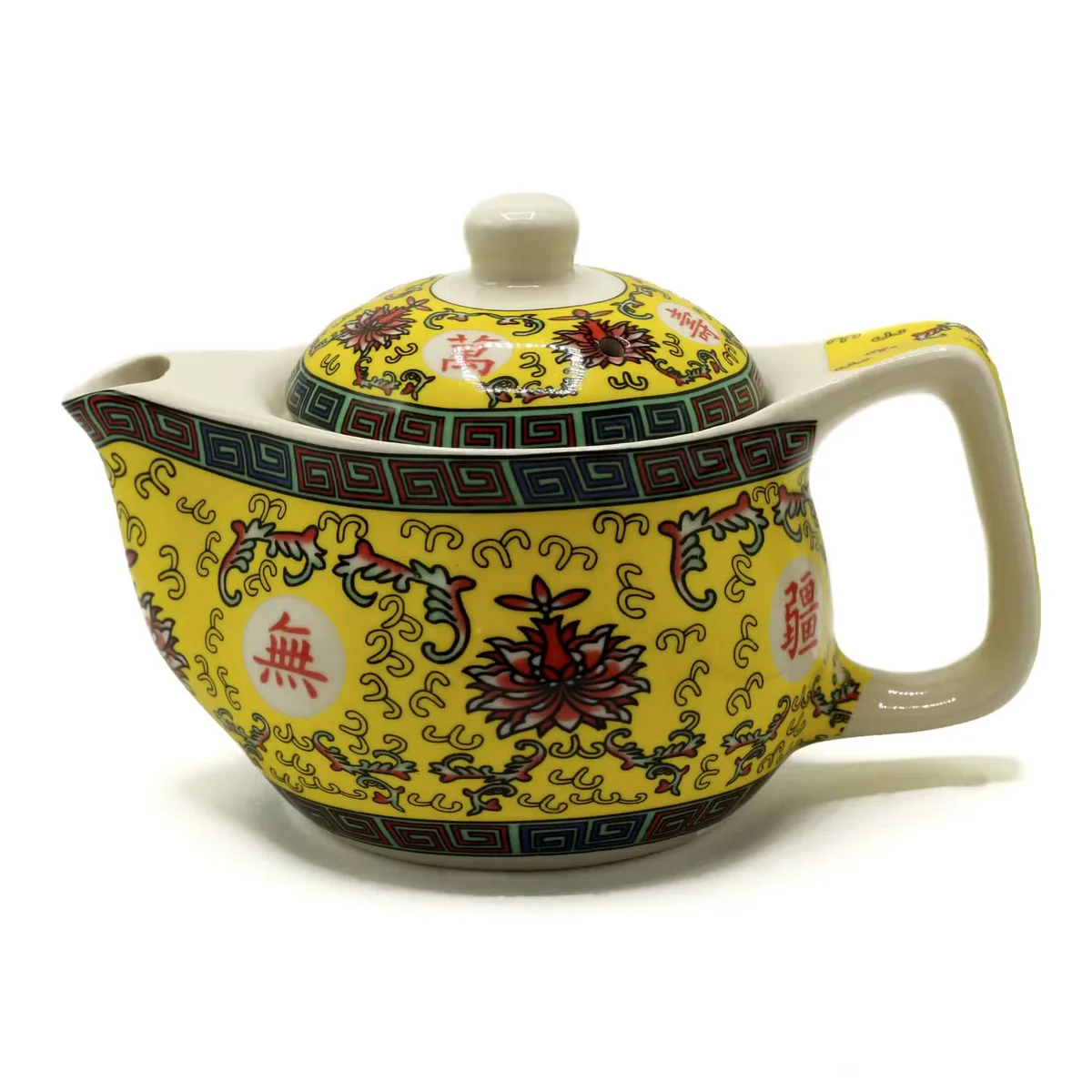 Small herbal teapot with long life oriental design, compact size, ceramic material, decorative pattern on surface