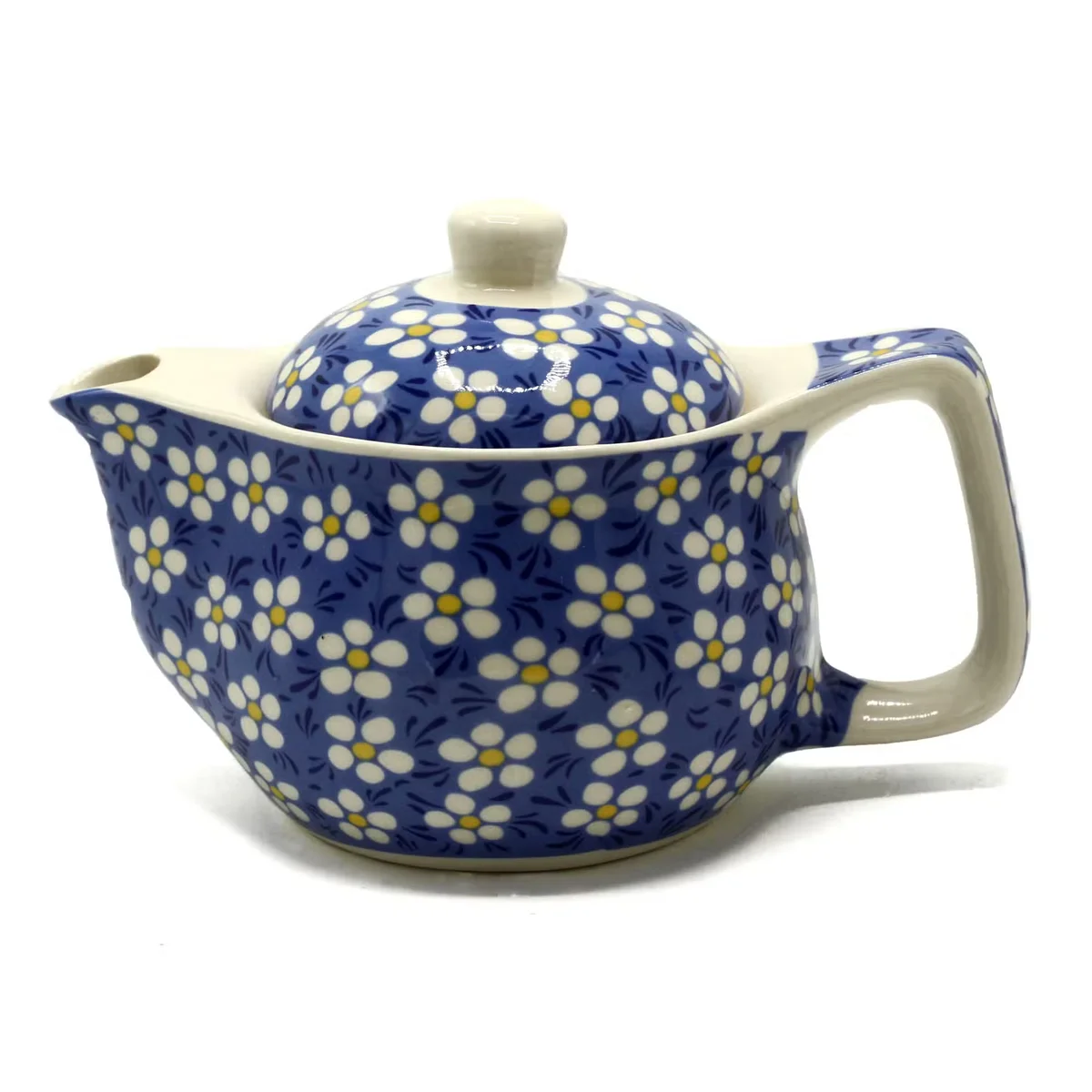 Blue daisy small teapot for herbs, porcelain with floral glaze, compact and elegant.