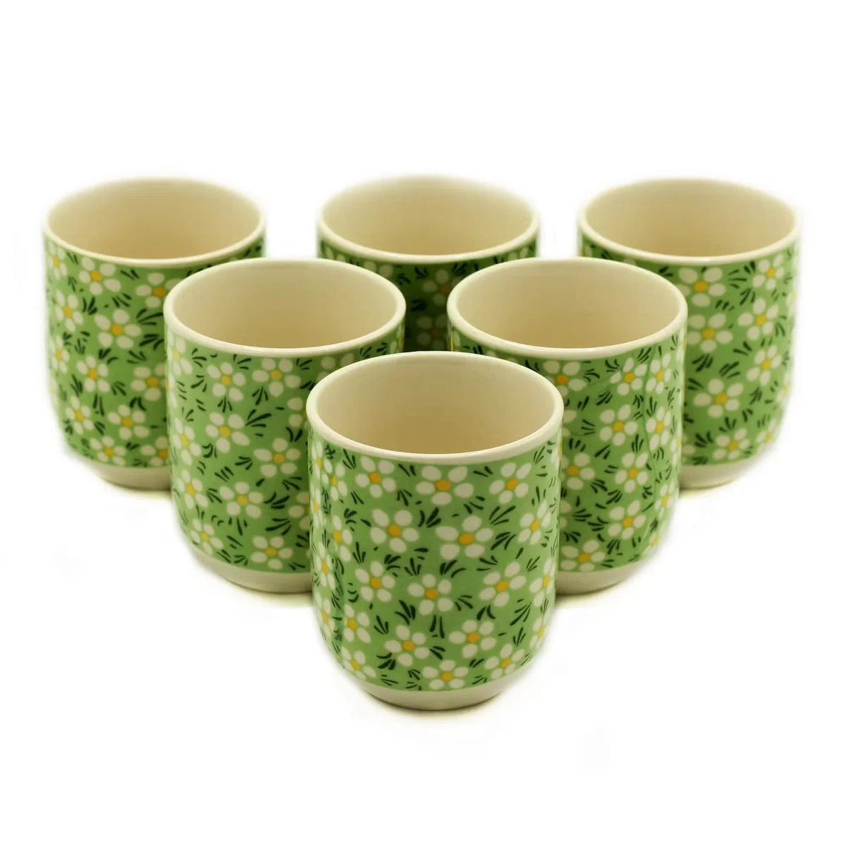 herbal tea cups in green daisey pattern