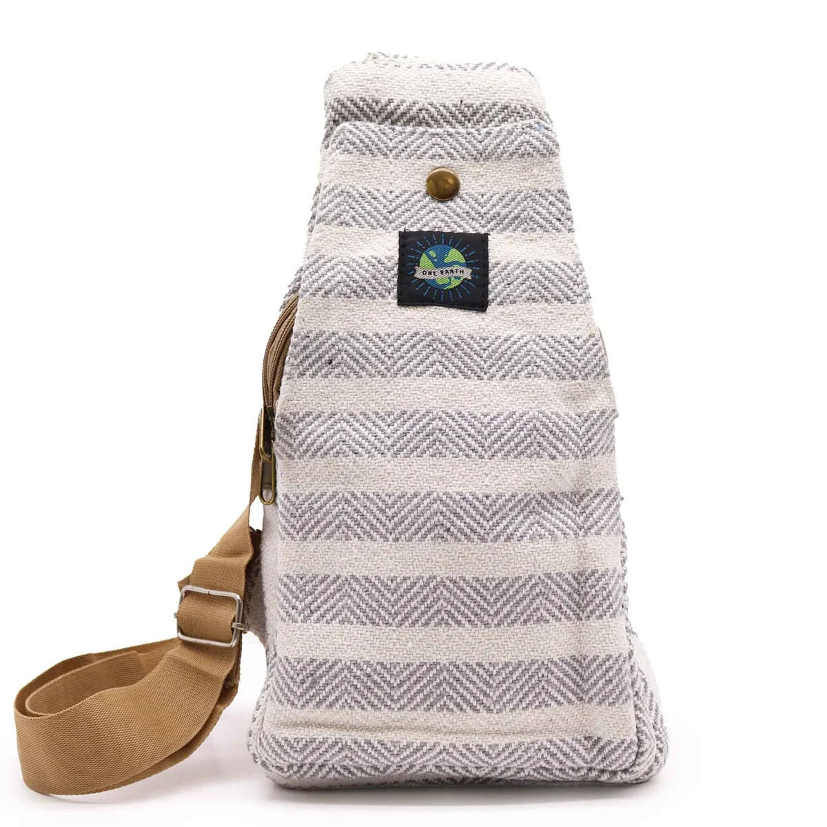 Grey and white natural cotton cross bag with adjustable strap on plain background