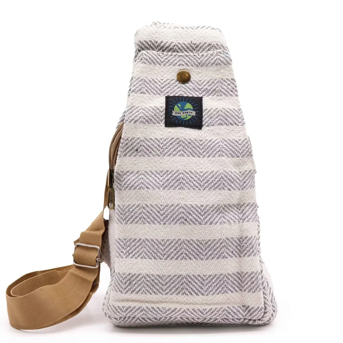 Grey and white natural cotton cross body handbag with adjustable strap, shown hanging against a plain background