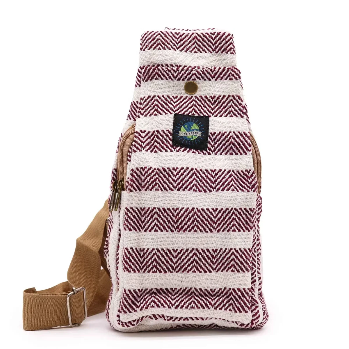 Burgundy and white natural cotton body cross bag shown hanging on a wooden hook against a white background