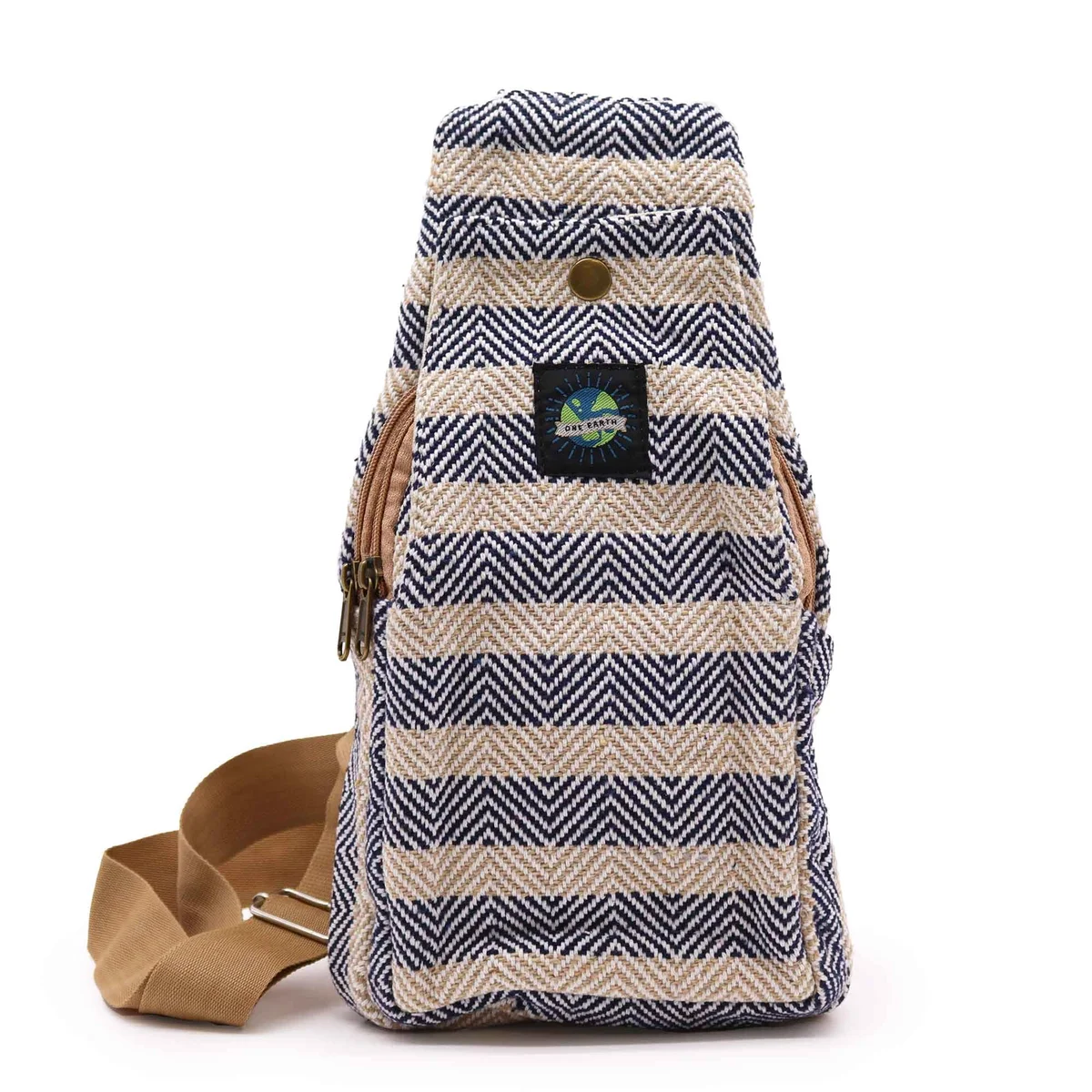 Tan and navy natural cotton cross bag with adjustable strap displayed against a white background