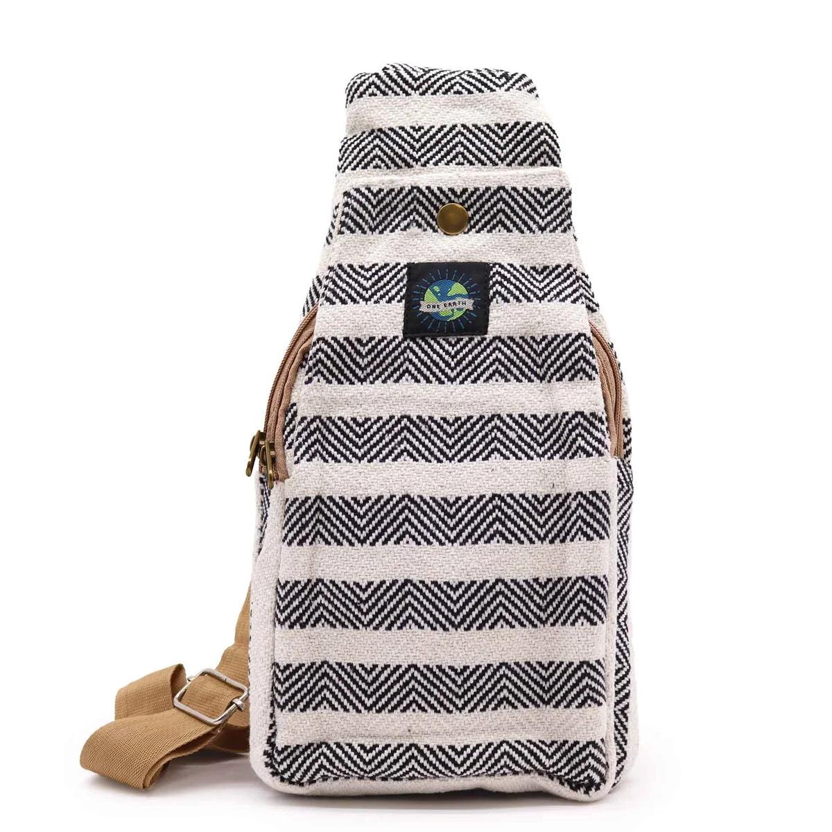 Black and white natural cotton cross bag with adjustable strap displayed against white background
