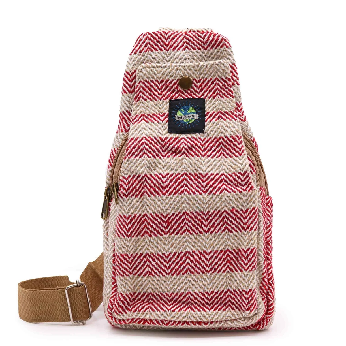 Natural cotton cross bag in tan and pink with adjustable strap and simple design on white background