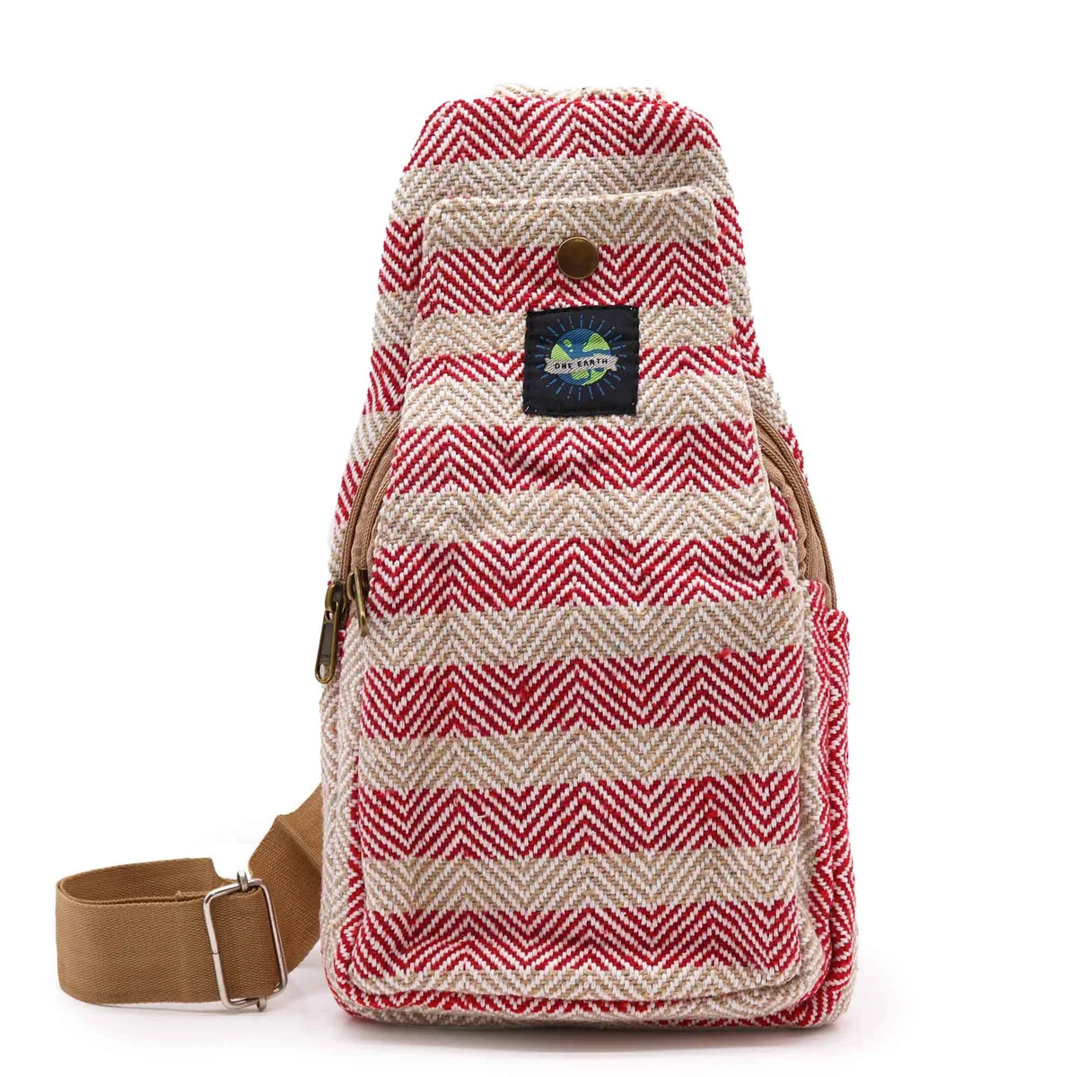 Tan and pink cotton body bag with crossbody strap, made from natural cotton fabric, shown on plain background
