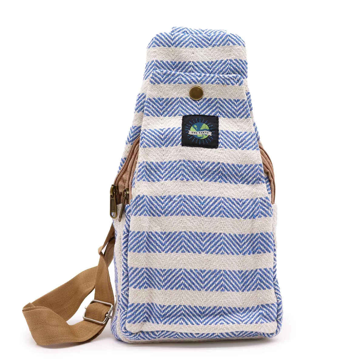 Blue and white natural cotton cross bag with adjustable strap displayed on plain background