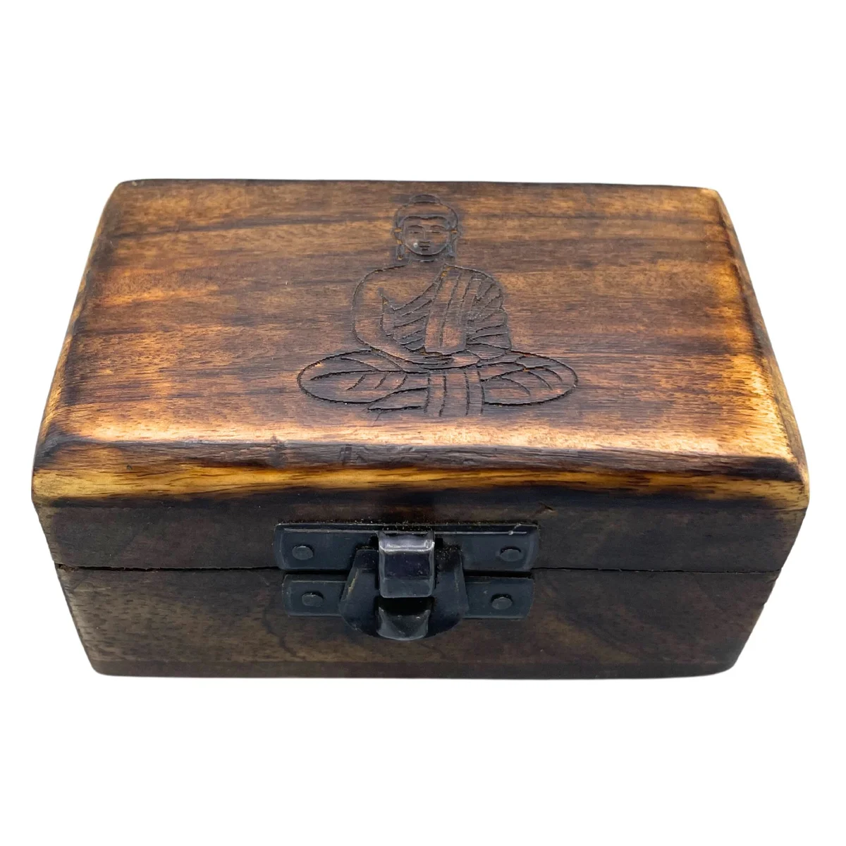 Wooden pill box with carved designs, 9x5x4cm, assorted colours, showing a detailed lid and decorative patterns.