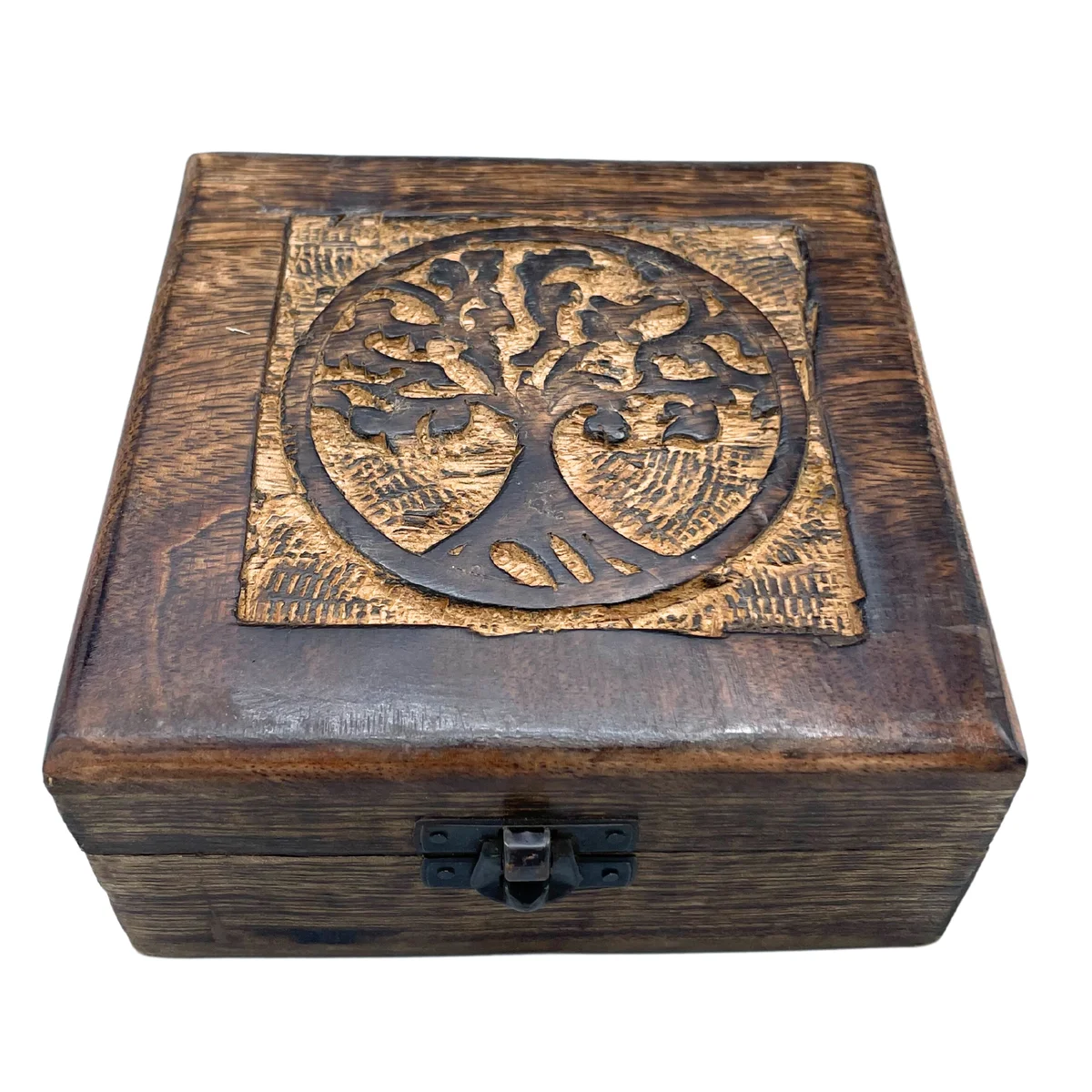 Square wooden keepsake box, 13x13x6cm, showcasing a tree of life box design.