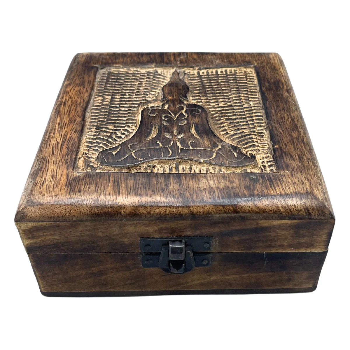 Square wooden Buddha keepsake box 13x13x6cm, showing a small square wooden box with a Buddha symbol.