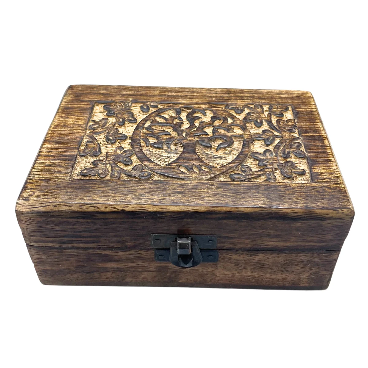 Medium wooden box with a closed lid, featuring a delicate tree of life design carved into the surface, displayed upright.
