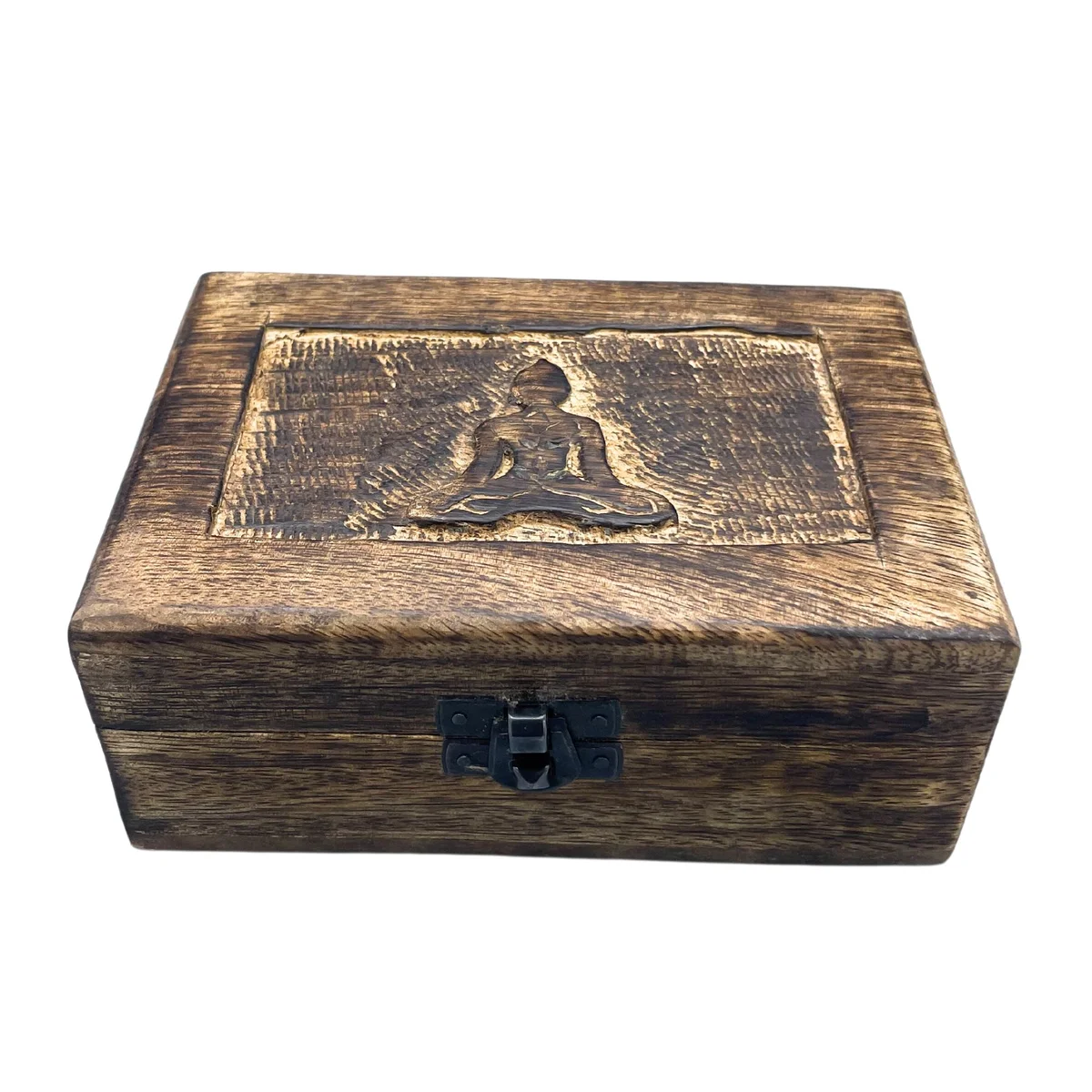 Medium wooden keepsake box with a Buddha design on its lid, 15x10x6cm, displayed on a wooden surface.
