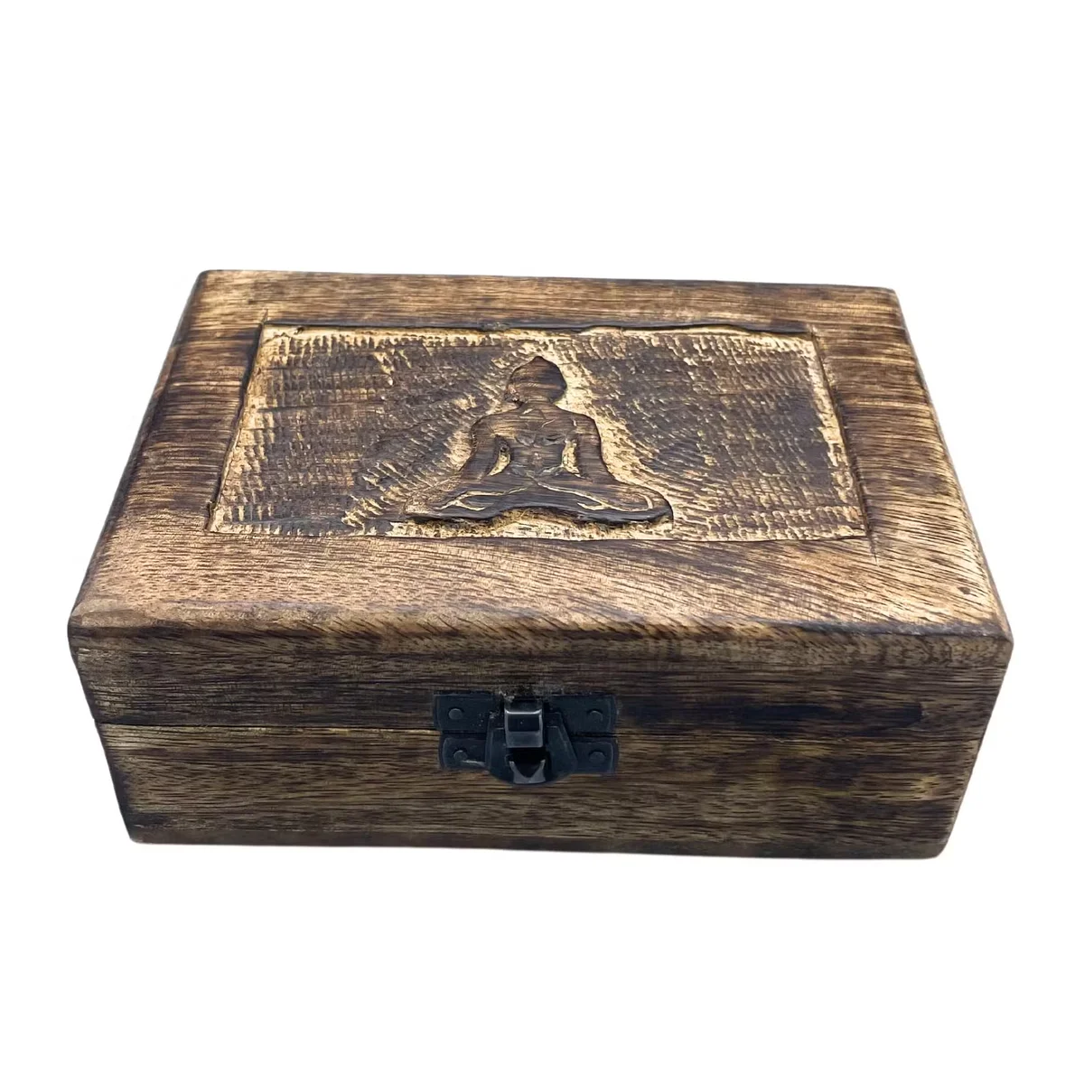 Wooden trinket box featuring a Buddha carving, medium size 15x10x6 cm