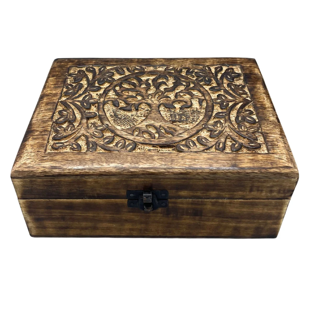 Large wooden keepsake box with Tree of Life carving, showing 20x15x7.5cm dimensions, wooden lid closed