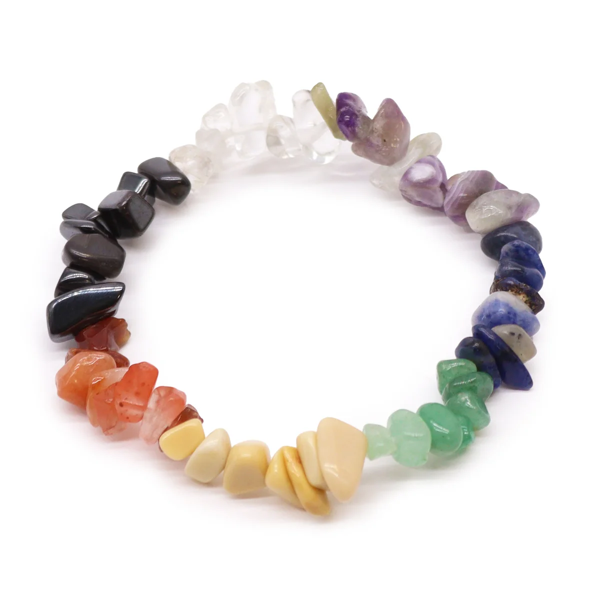 Close-up of colorful chakra bracelet featuring various chip stones on a stretchy band for wrist wear