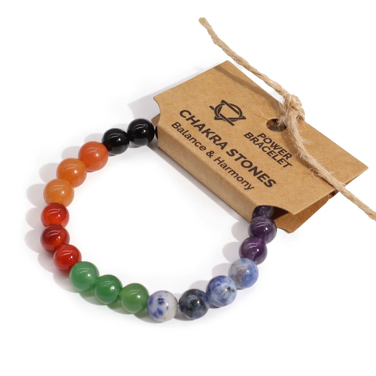 Chakra power bracelet featuring multicolored chakra stones on an adjustable band against a white background
