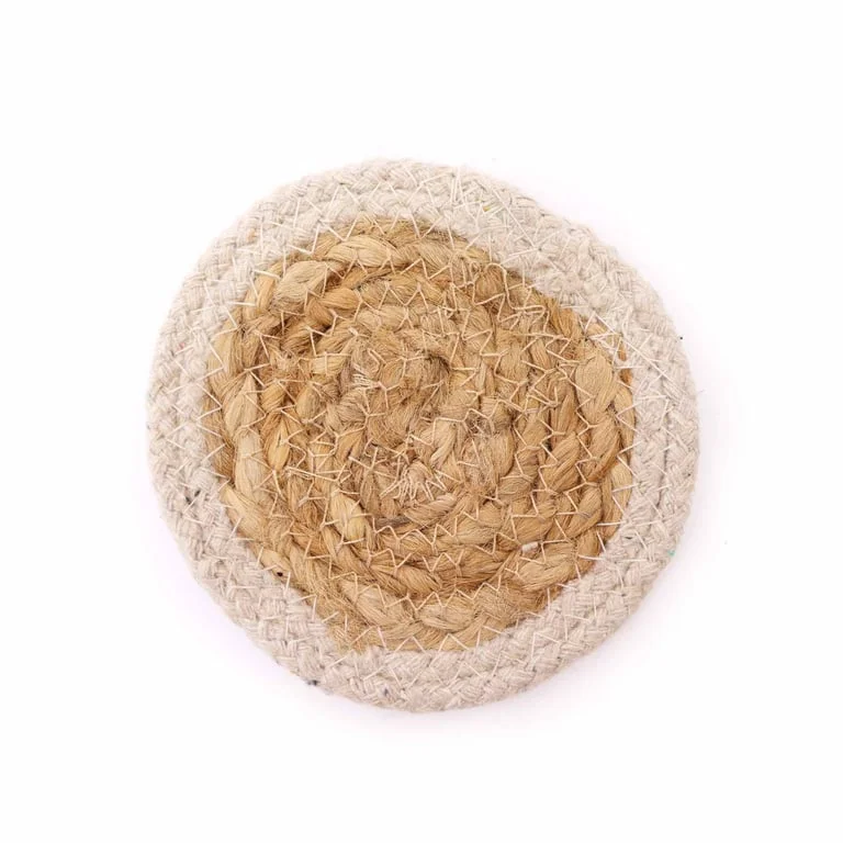 Set of four natural jute coasters with cotton lining and ivory borders, each 10cm in diameter.
