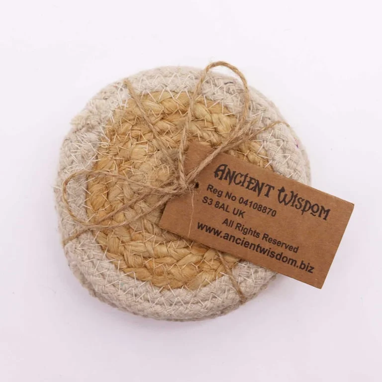 Set of four 10cm jute and cotton coasters on an ivory border