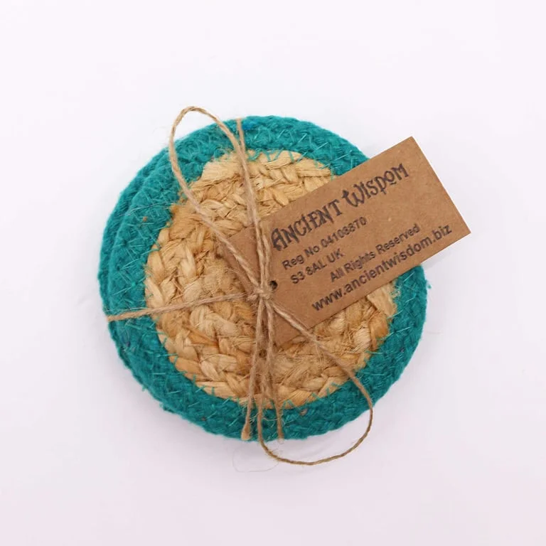 Set of 4 natural jute and cotton coasters with teal border, each 10cm in diameter.