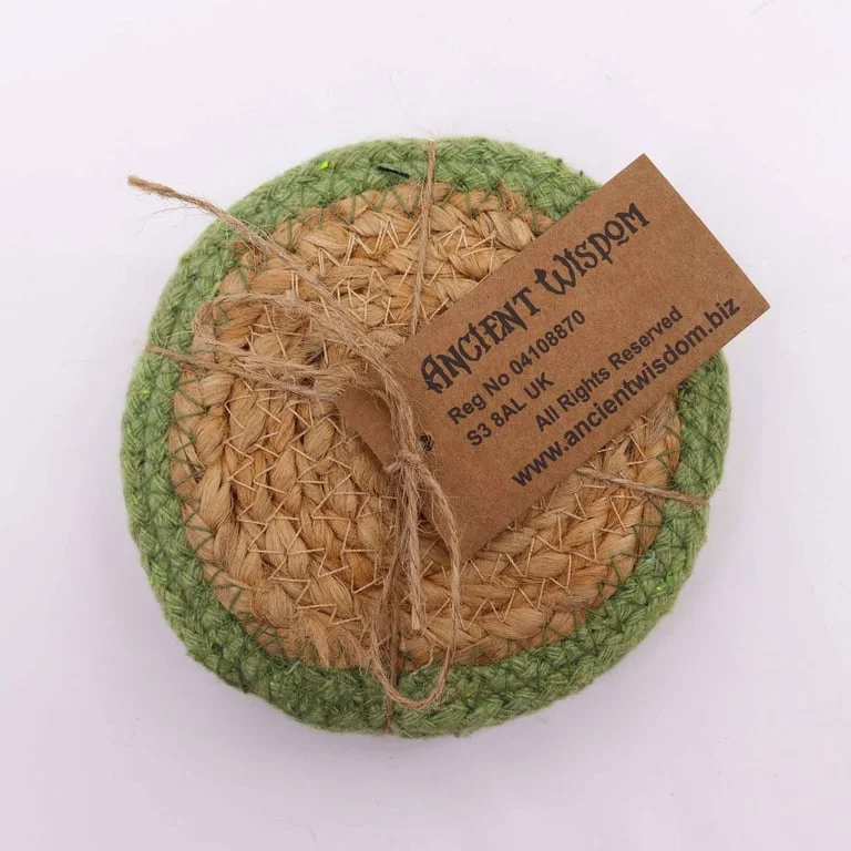 Set of 4 natural jute and cotton coasters, 10cm with olive border