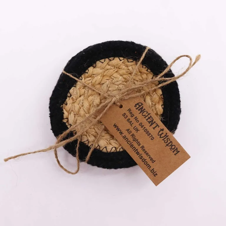 Black border natural jute coasters, set of four, 10cm, woven jute with cotton center.