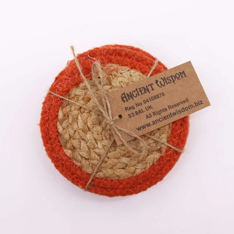 Natural set of 4 coasters, jute and cotton, 10cm each – rustic, eco‑friendly drink protection.