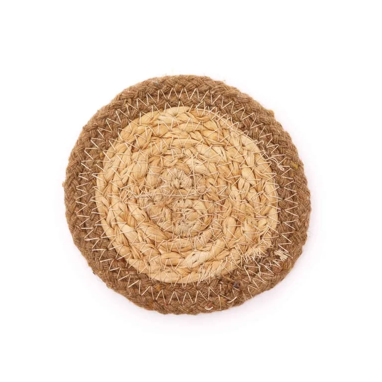 Set of four 10cm natural jute coasters made from jute and cotton.