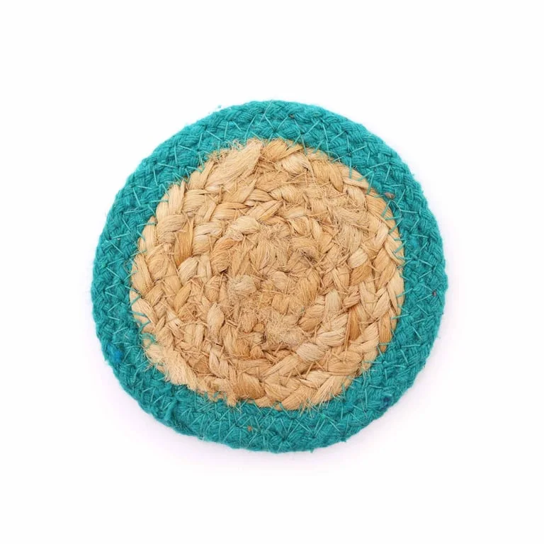 Set of six natural cotton and jute coasters in mixed colours displayed in a basket.