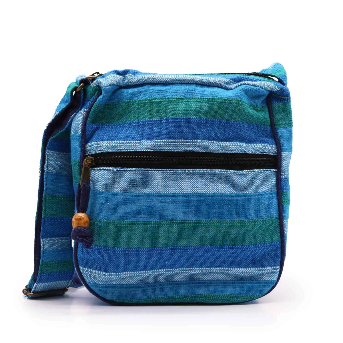 Large sling bag with adjustable strap in blue rivers pattern.