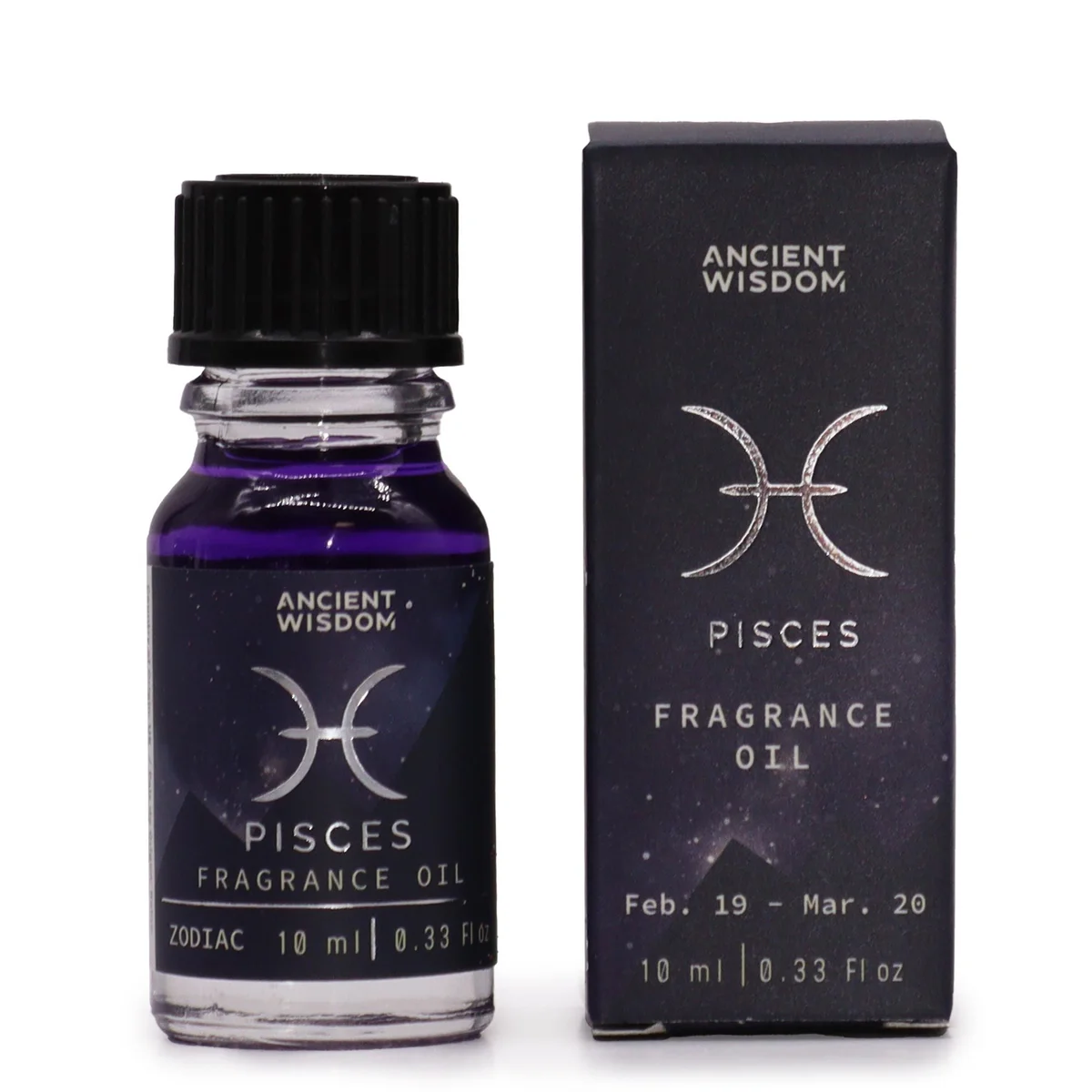 Small glass bottle of Pisces fragrance oil, 10ml, with clear label and a touch of aqua‑blue trim.