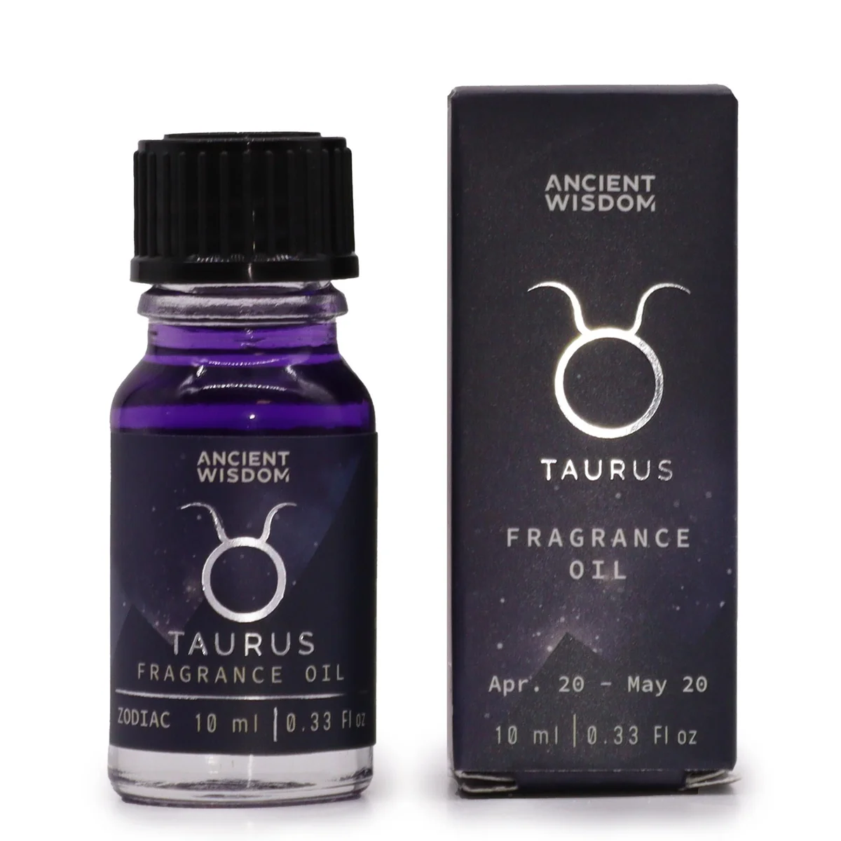 Glass bottle of 10ml Taurus fragrance oil in a small dark bottle on a white background