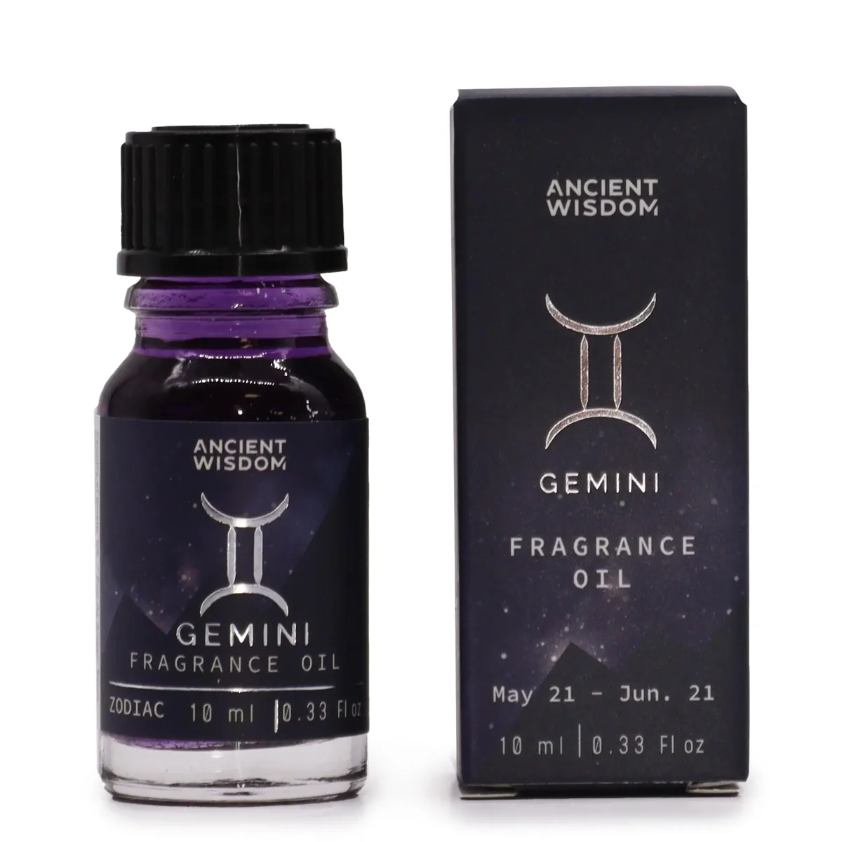 Gemini fragrance oil bottle 10ml, clear glass with dark amber liquid.