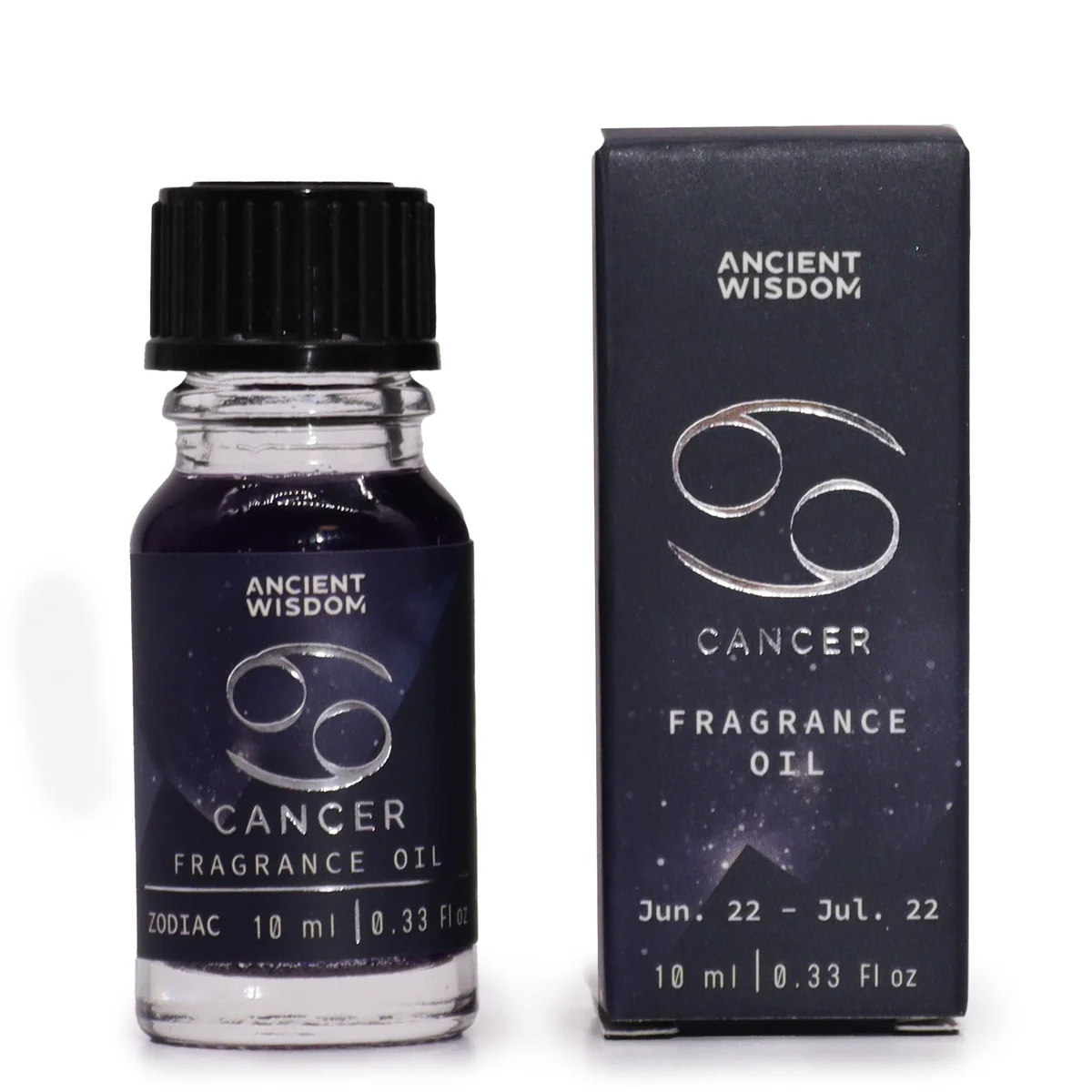Clear glass bottle 10ml labeled Cancer zodiac fragrance oil.
