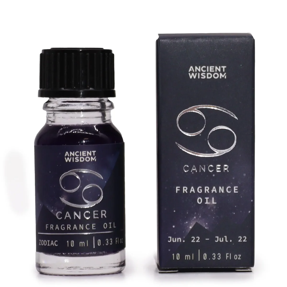 Bottle of zodiac fragrance oil 10ml labelled Cancer, resting on neutral background.