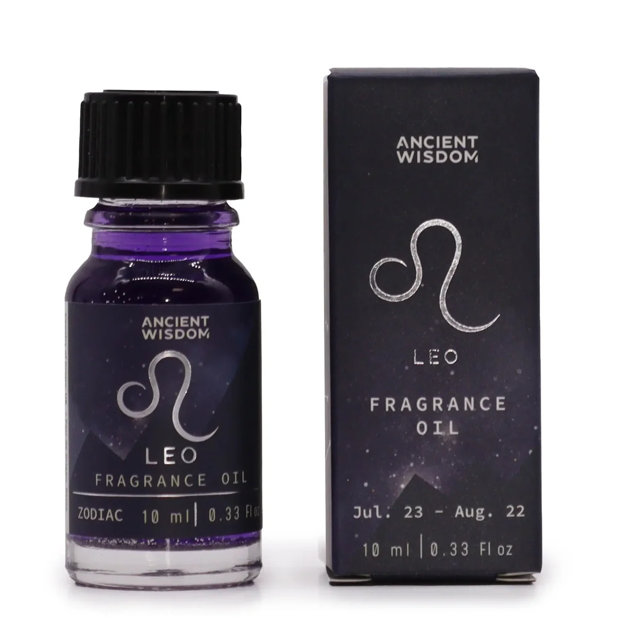 Dark glass bottle with silver cap, 10ml zodiac fragrance oil labeled LEO