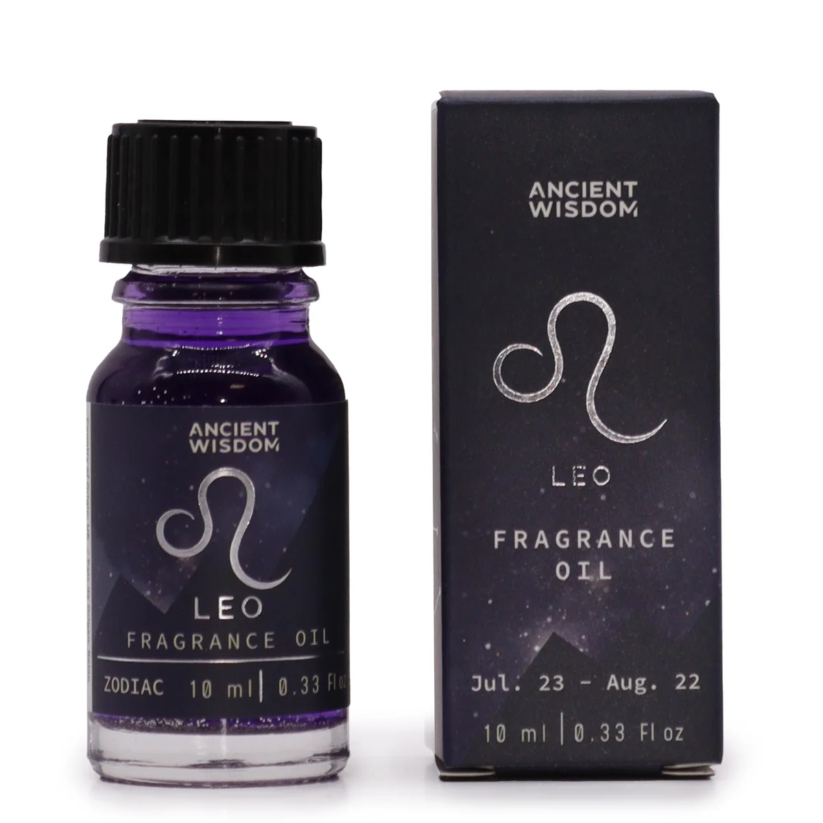 Clear glass bottle with black label reading Zodiac LEO fragrance oil 10ml, featuring a small screw‑on cap.