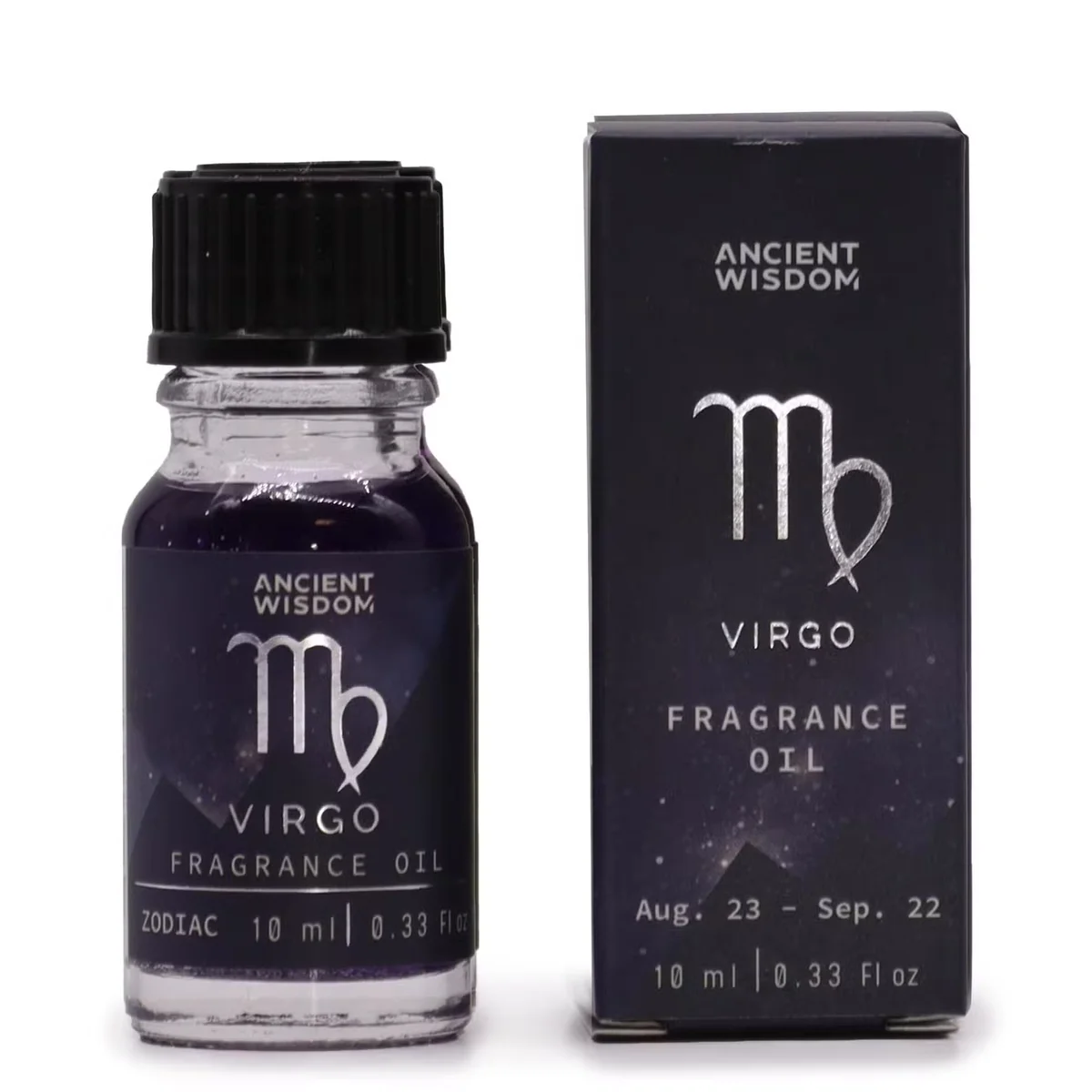 10ml glass bottle of Virgo zodiac oil, clear bottle with metallic cap and printed label.