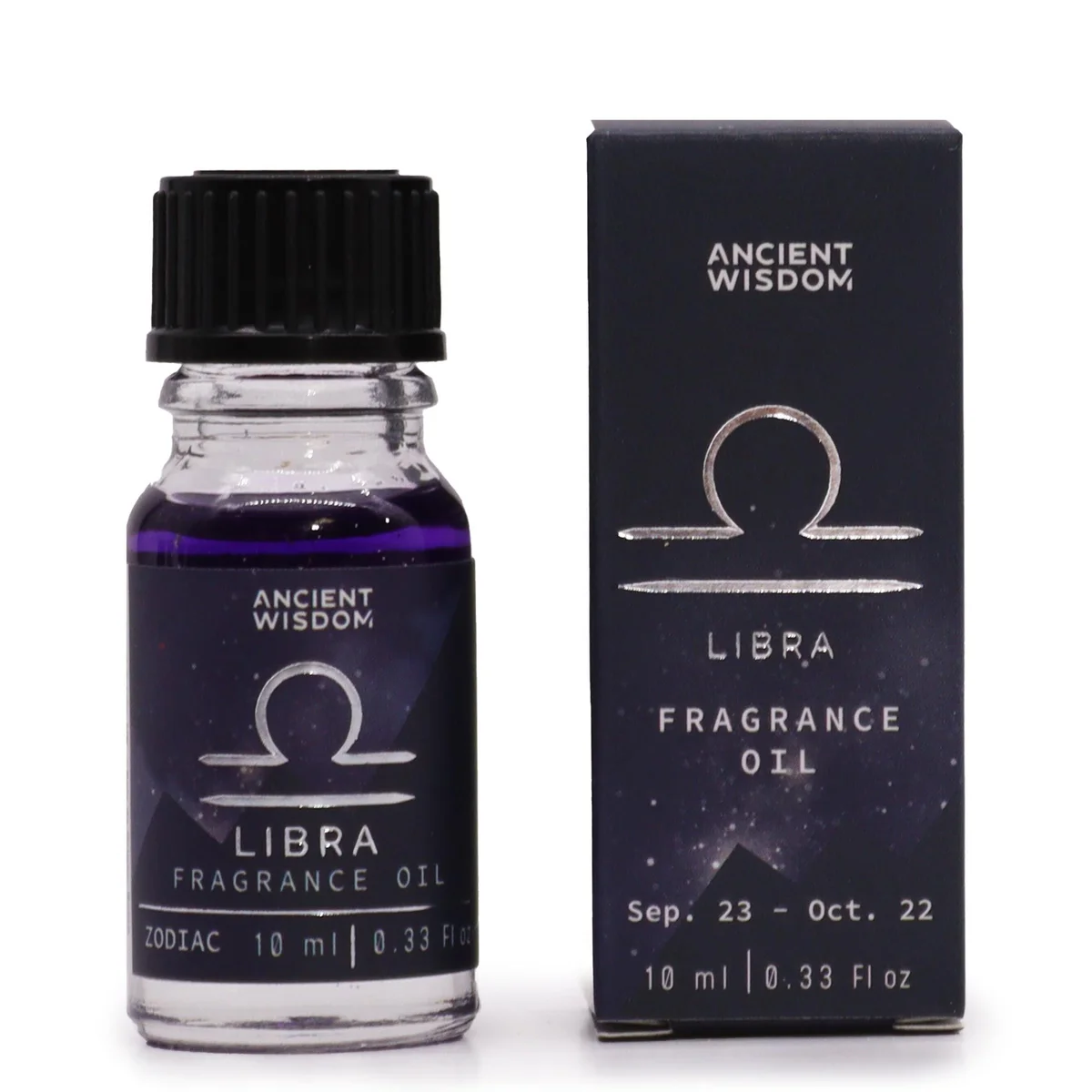 Silver capped glass bottle of Libra fragrance oil 10ml with printed label.