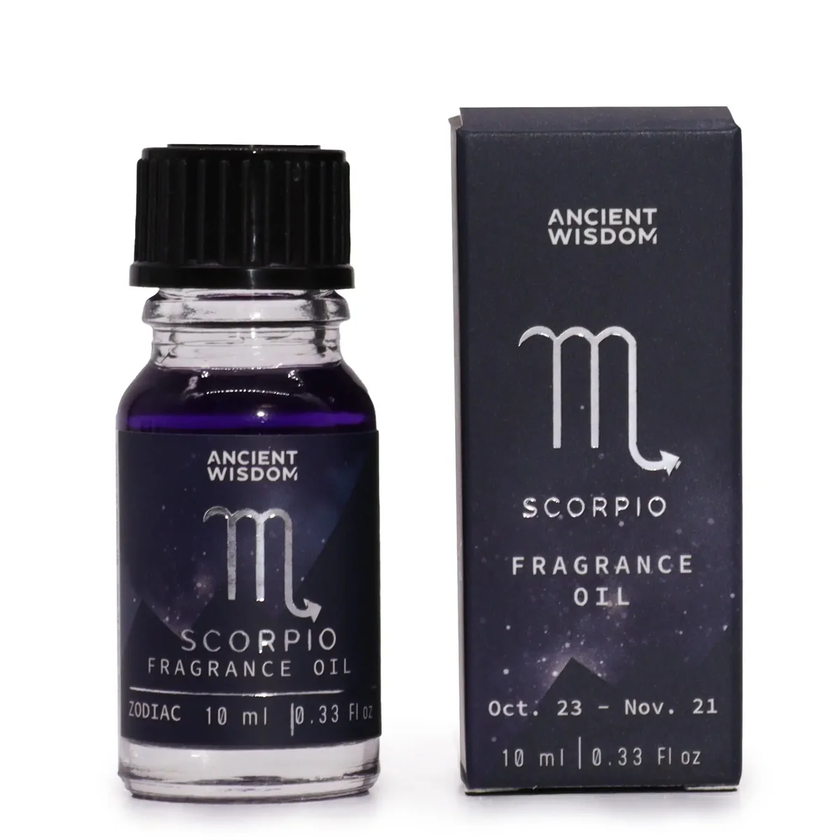 Clear glass bottle of 10ml zodiac fragrance oil for Scorpio, with white label and metal cap.