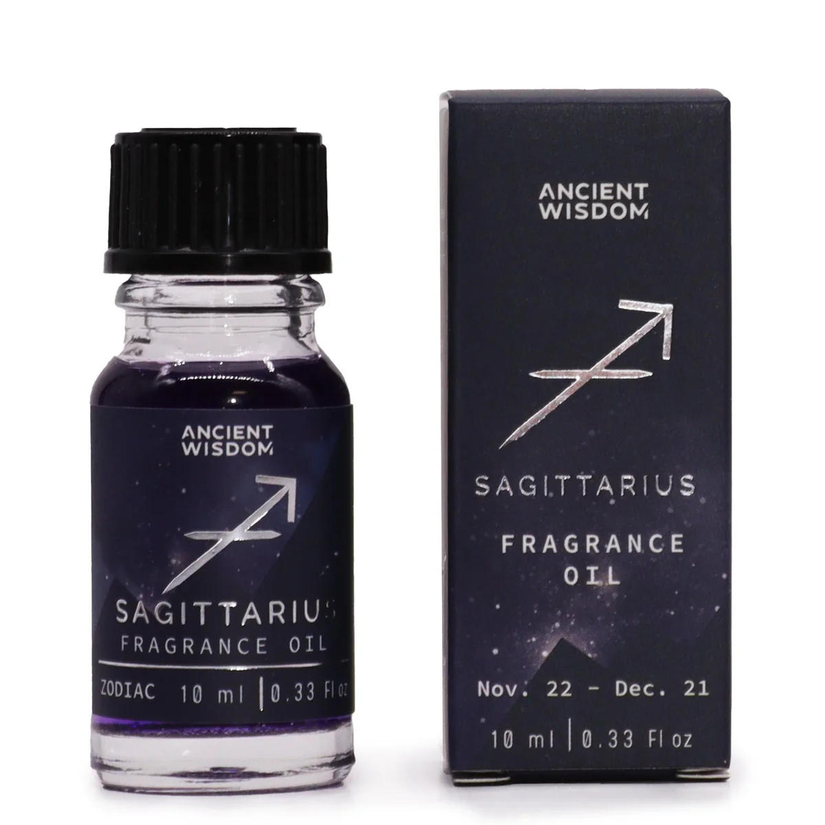 Sagittarius fragrance oil in a small 10ml glass bottle.