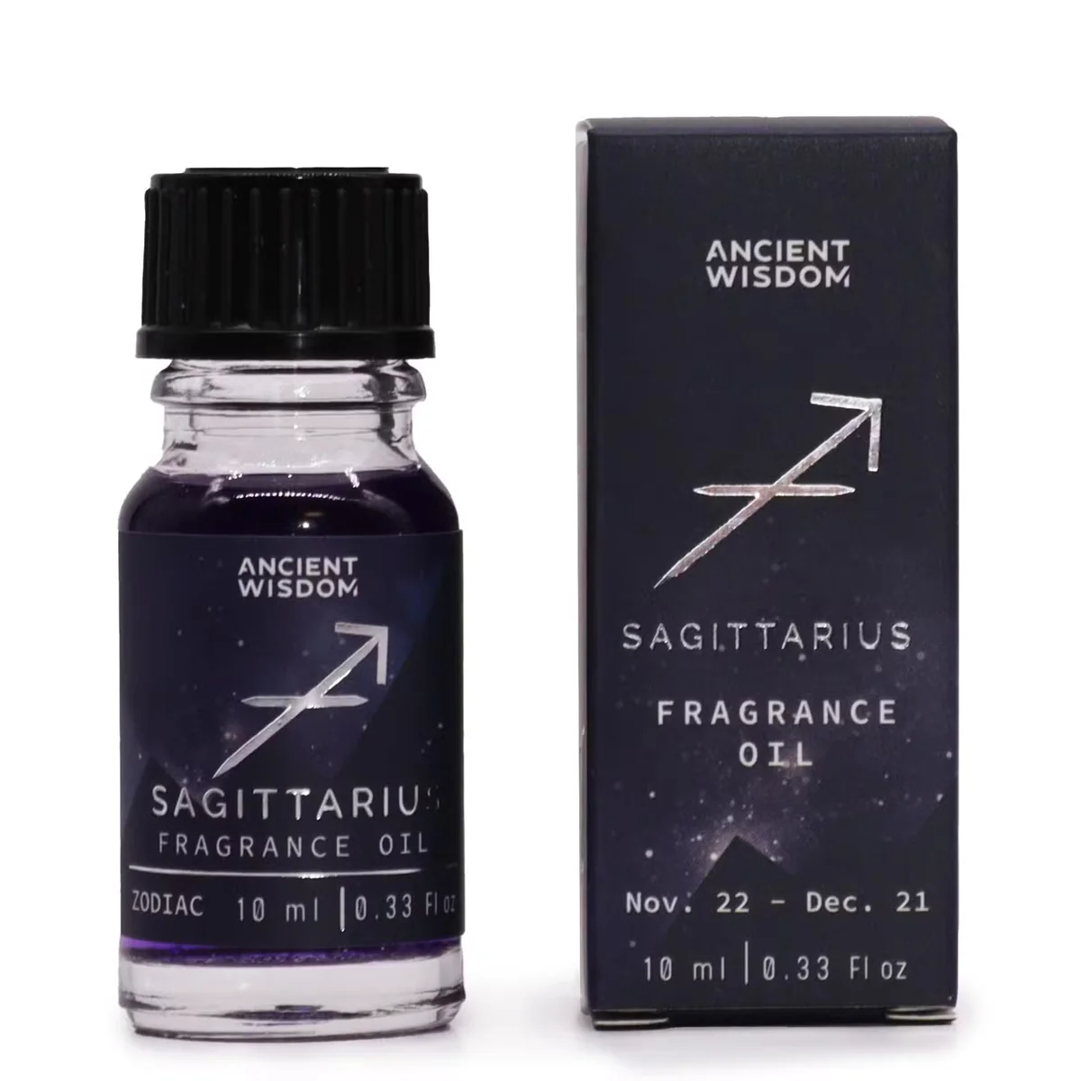 Clear 10ml fragrance oil bottle with silver cap, label reads Sagittarius – Sagittarius oil