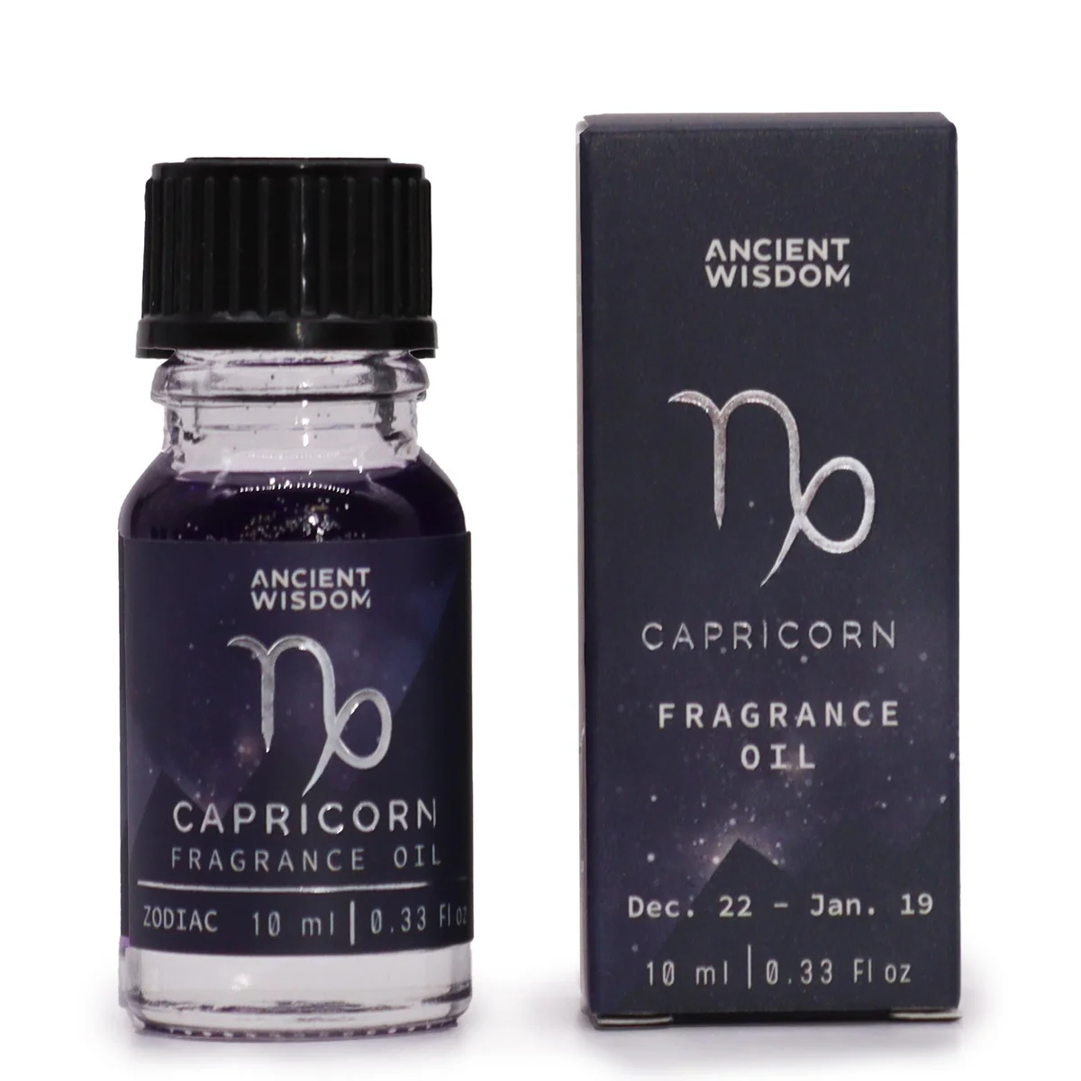 Capricorn fragrance oil 10ml bottle in clear glass with black cap, labelled Zodiac, suitable for aromatherapy